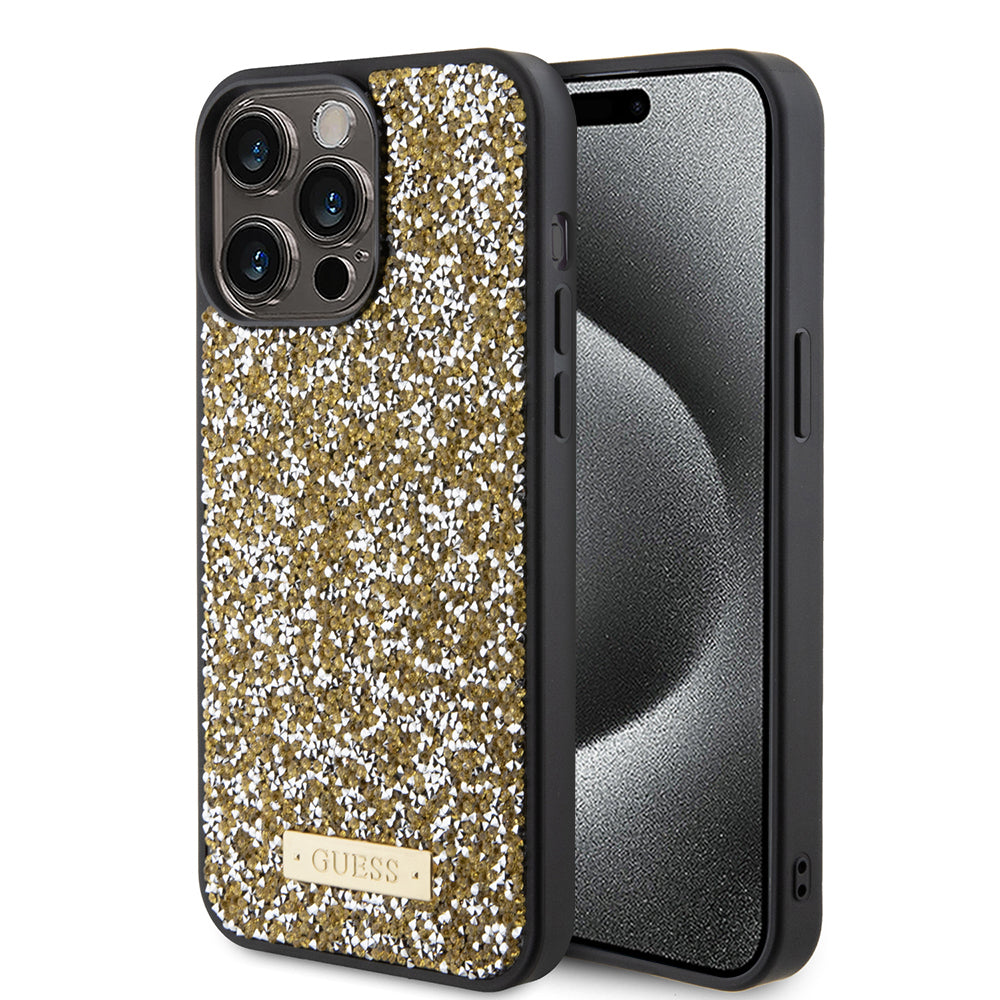 Case for Apple iPhone 15 Pro Max, Guess, Rhinestone Metal Logo, Yellow