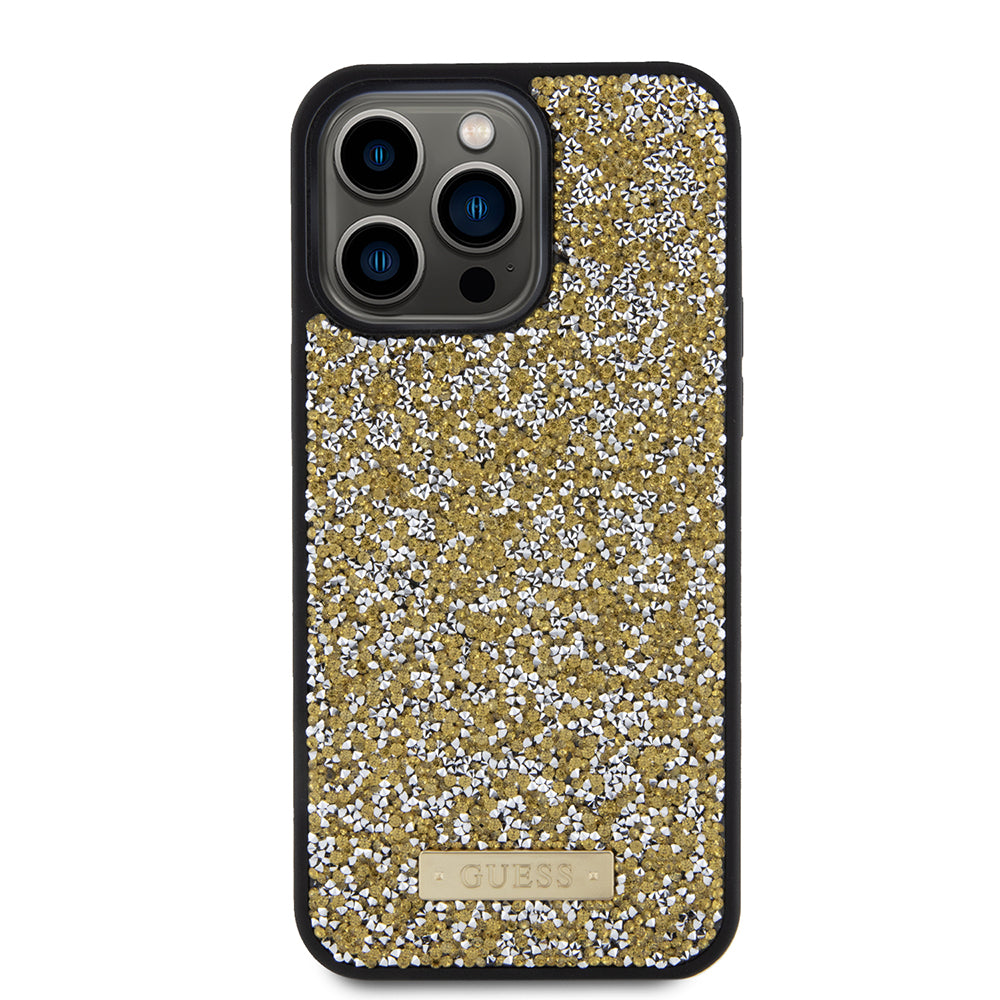 Case for Apple iPhone 15 Pro Max, Guess, Rhinestone Metal Logo, Yellow