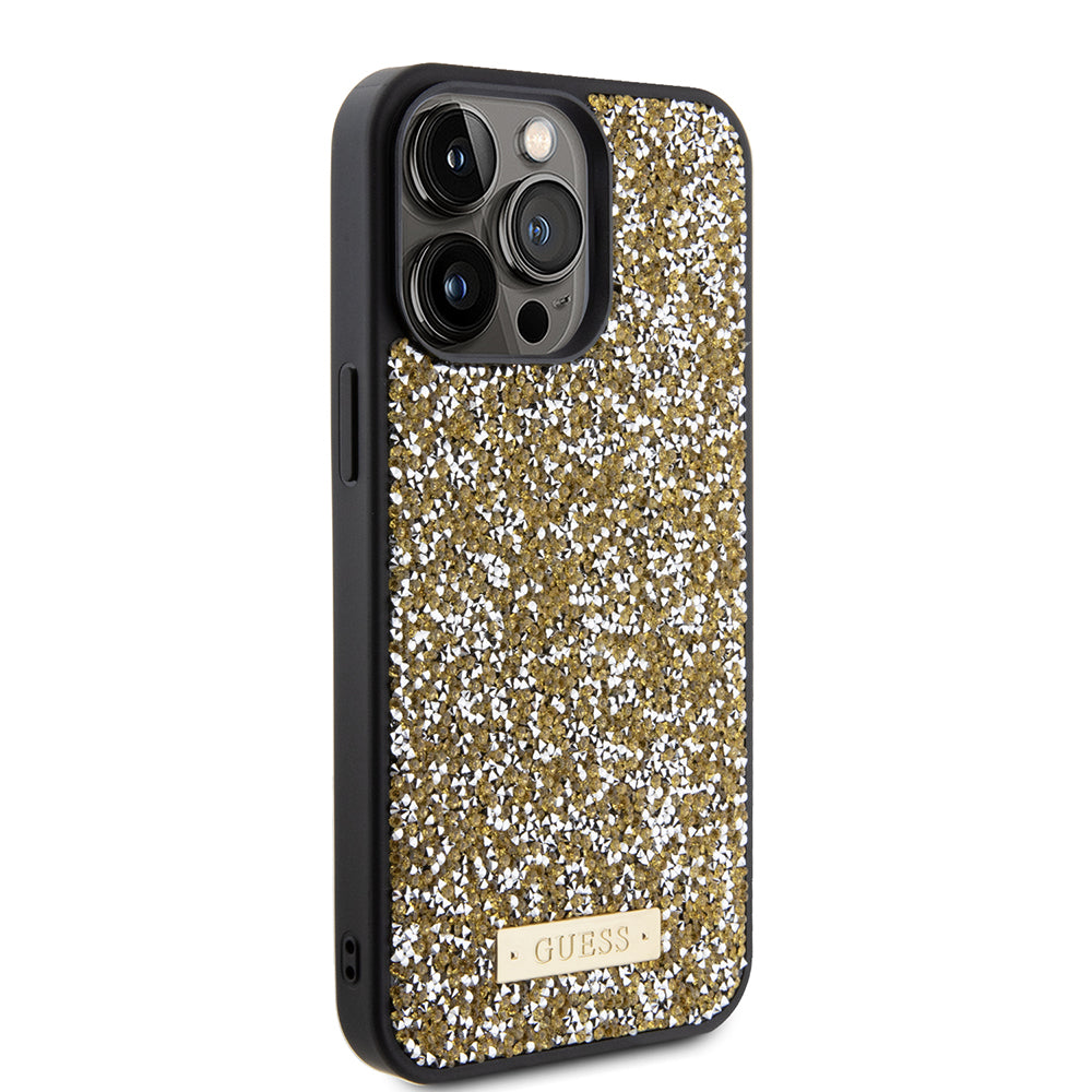 Case for Apple iPhone 15 Pro Max, Guess, Rhinestone Metal Logo, Yellow