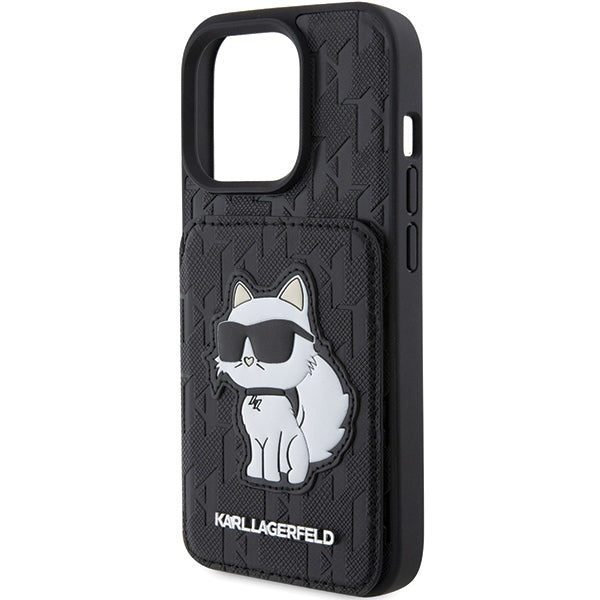 Case for Apple iPhone 15 Pro Max, Karl Lagerfeld, Saffiano Cardslots and Stand Monogram Choupette, Black