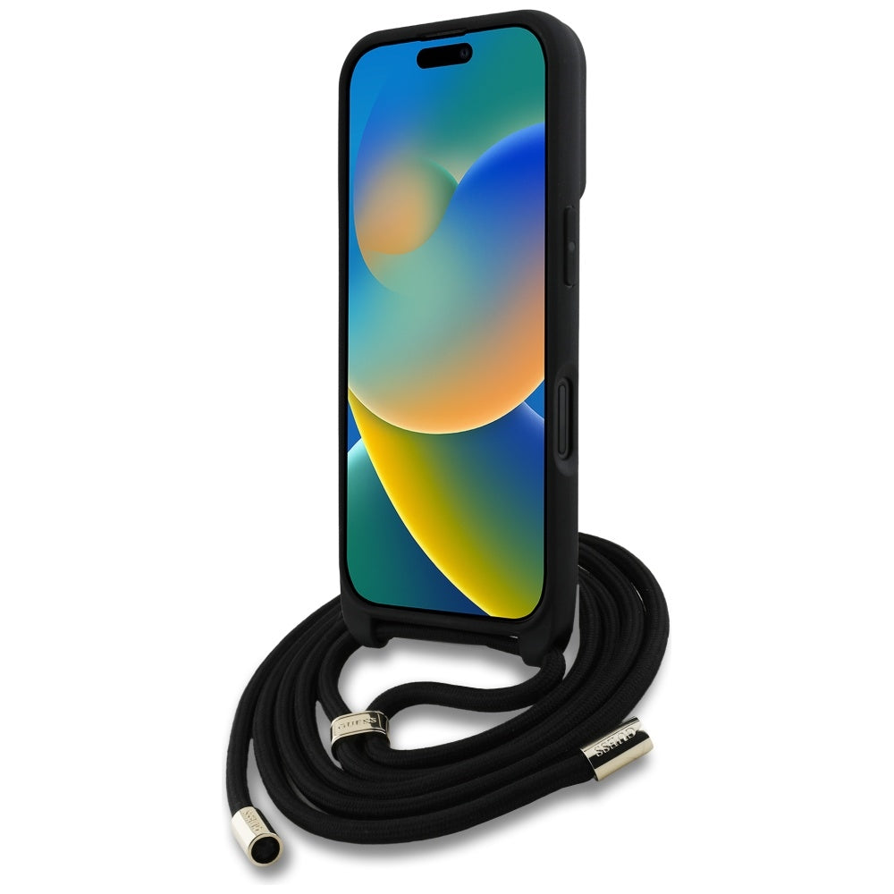 Case for Apple iPhone 16, Guess, 4G CBDY Big Logo with Cord Strap, Black