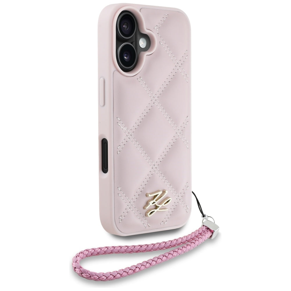 Case for Apple iPhone 16, Karl Lagerfeld, Quilted Initial Logo & Chain Strap, Pink