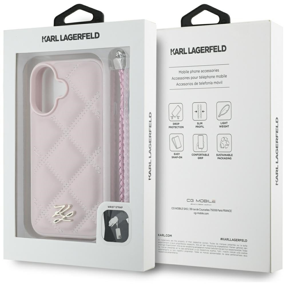 Case for Apple iPhone 16, Karl Lagerfeld, Quilted Initial Logo & Chain Strap, Pink