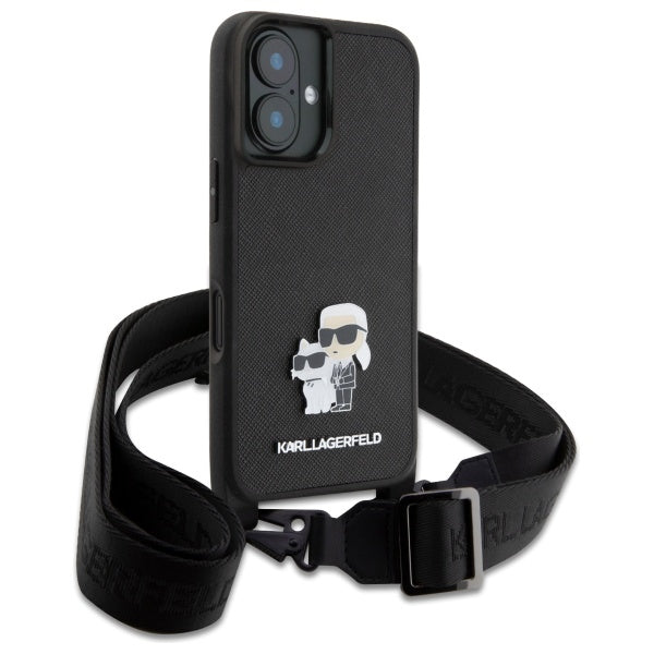 Case for Apple iPhone 16, Karl Lagerfeld, Saffiano Crossbody Metal Pin Karl & Choupette, White