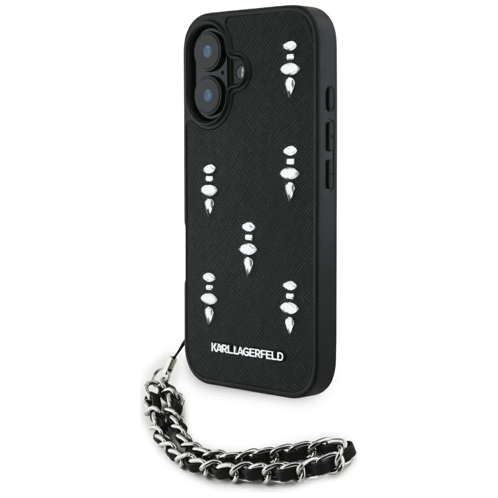 Case for Apple iPhone 16, Karl Lagerfeld, Saffiano Crystals & Charm, Black