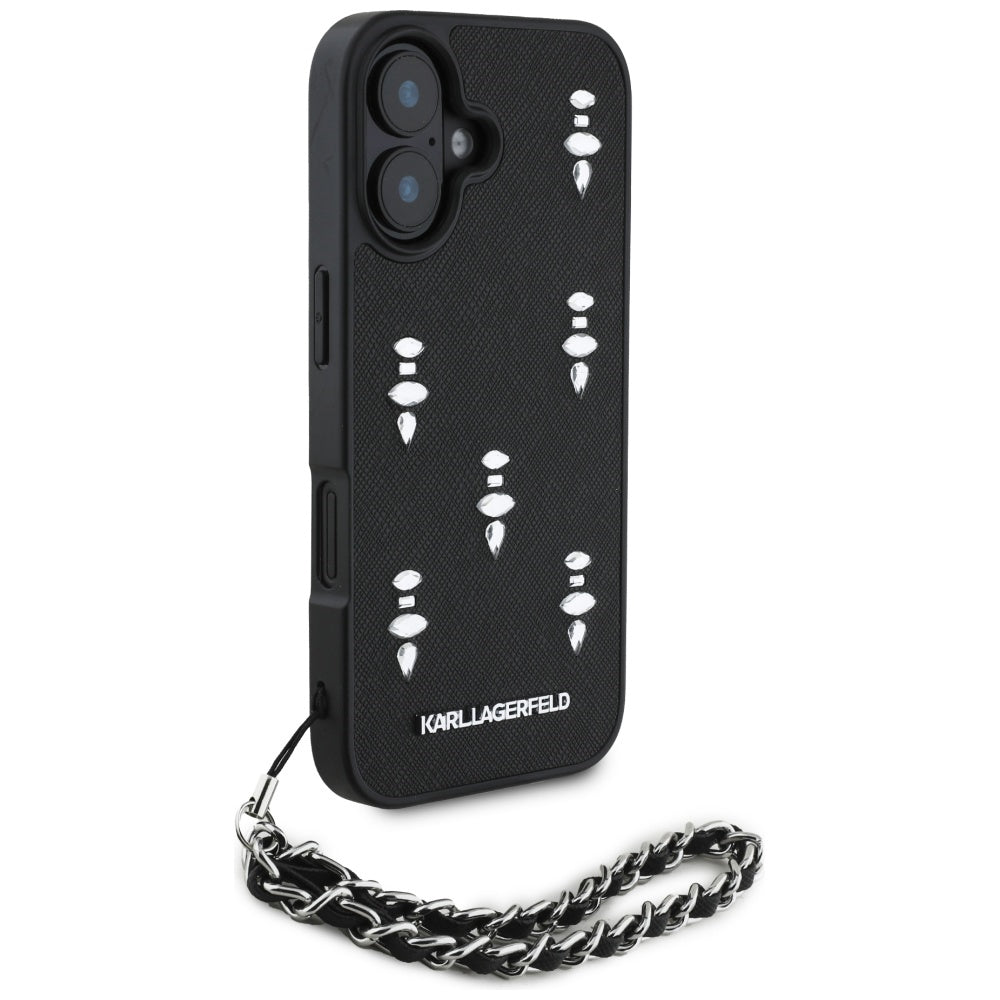 Case for Apple iPhone 16, Karl Lagerfeld, Saffiano Crystals & Charm, Black