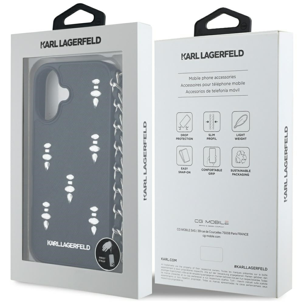 Case for Apple iPhone 16, Karl Lagerfeld, Saffiano Crystals & Charm, Black