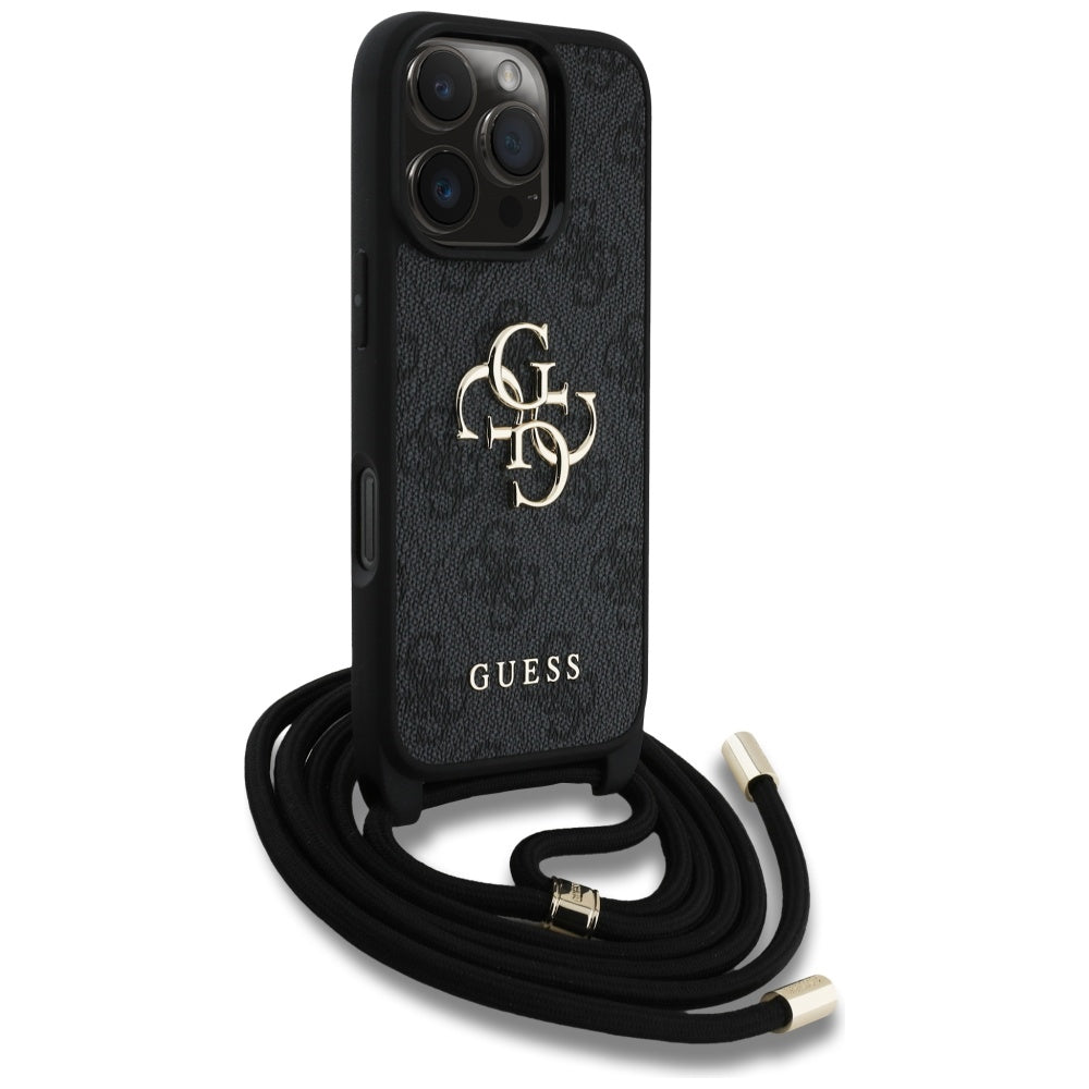 Case for Apple iPhone 16 Pro, Guess, 4G CBDY Big Logo with Cord Strap, Black