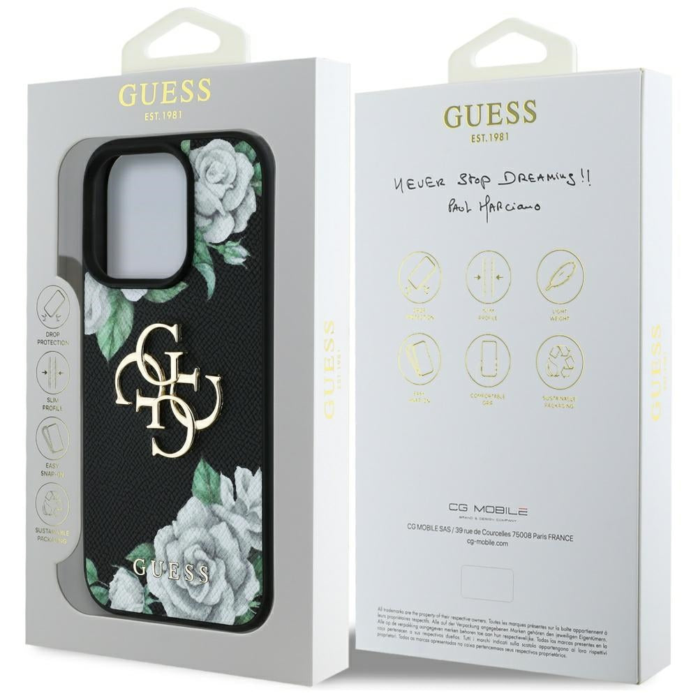 Case for Apple iPhone 16 Pro Max, Guess, 4G Grained Roses Big Logo, Black