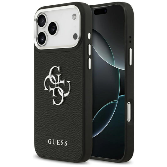 Case for Apple iPhone 17 Pro, Guess, 4G Grained Big and Classic Logo, Black Silver