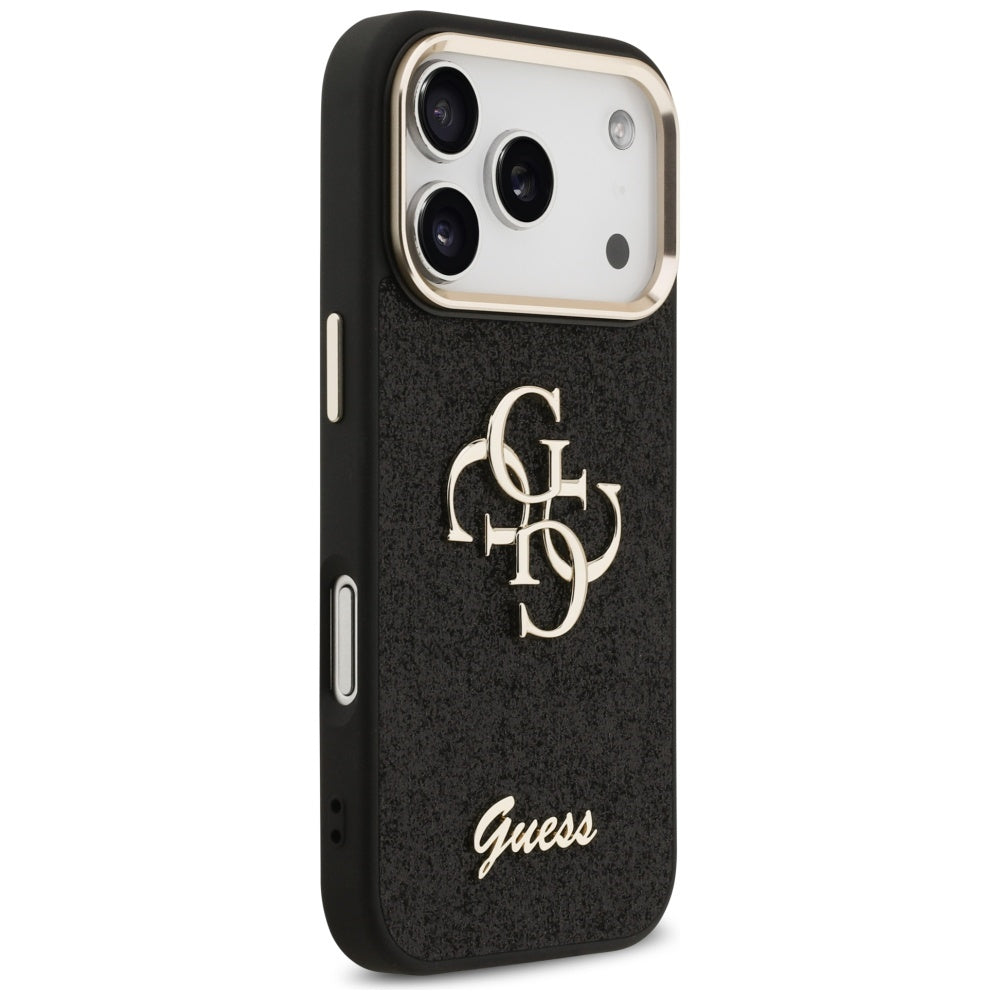 Case for Apple iPhone 17 Pro, Guess, Fixed Glitter Big 4G Metal Frame, Black