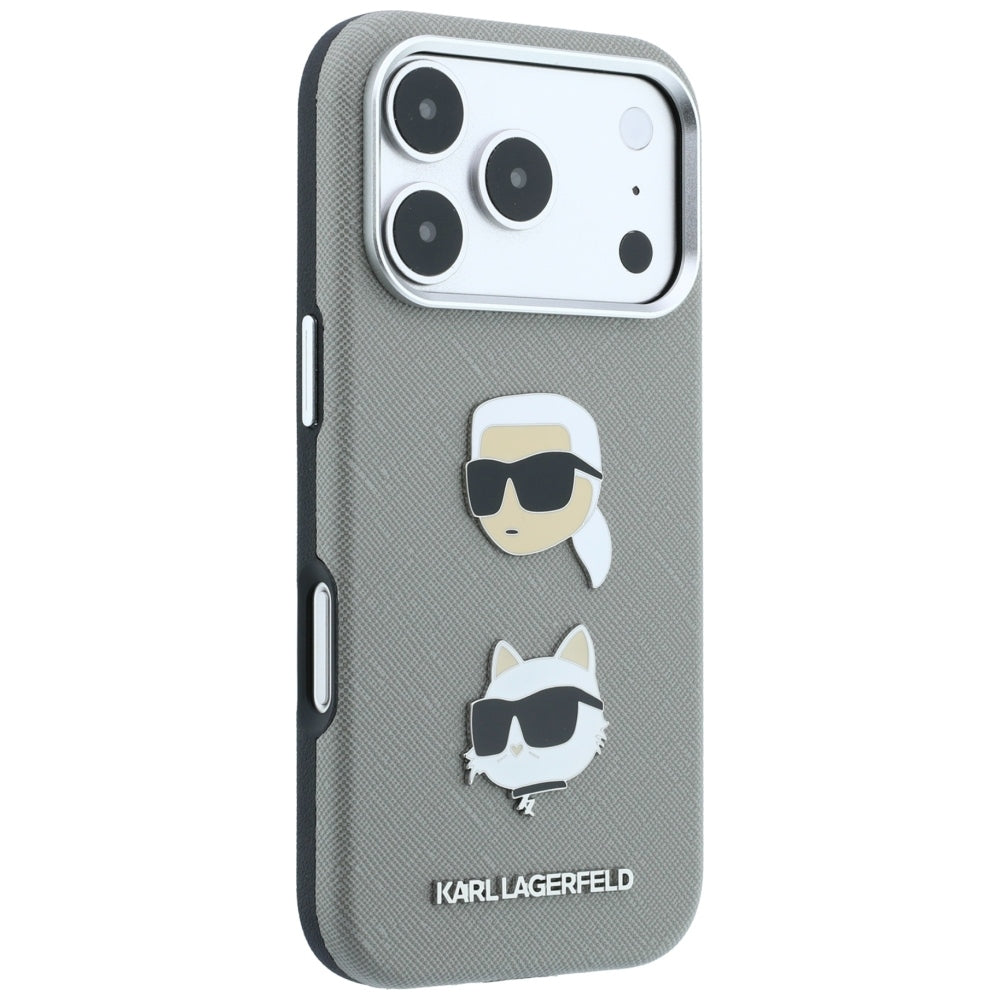 Case for Apple iPhone 18 Pro / 17 Pro, Karl Lagerfeld, Saffiano with Karl & Choupette Head's Pin and Logo, Gray