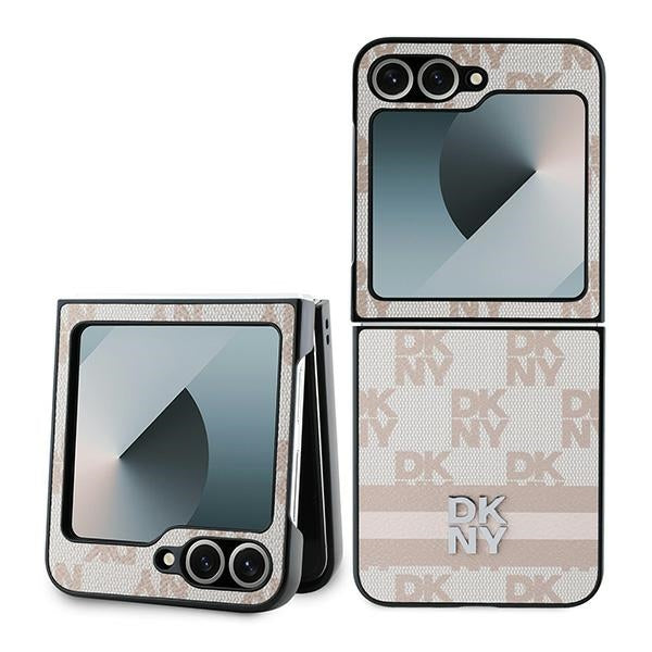 Case for Samsung Galaxy Z Flip7 FE F761 / Z Flip6 F741, DKNY, Chequered Pattern Printed Stripes, Pink