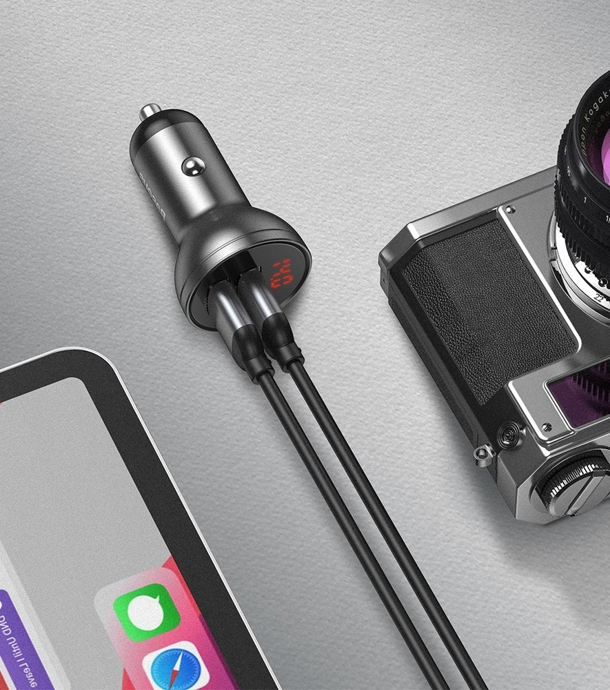 Car Charger with Lightning - microUSB - USB-C Cable Baseus Digital Display, 24W, 2.4A, 2 x USB-A, Grey TZCCBX-0G