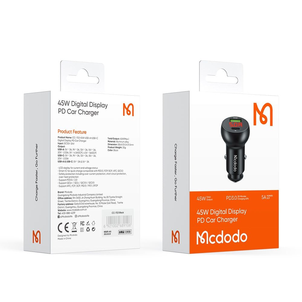 McDodo CC-7030 Auto Charger Display, 45W, 5A, 1 x USB-A - 1 x USB-C, Black