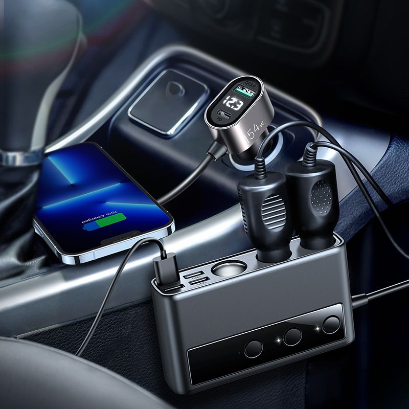 Joyroom JR-CL06 Car Charger, 154W, 3A, 4 x USB-A - 1 x USB-C - 4 x Cigarette Lighter Extension, Black JYR058BLK