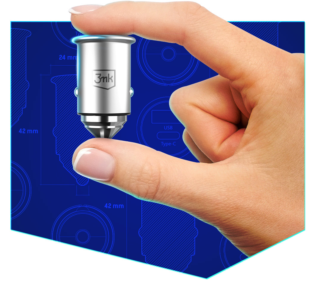 Car Charger 3MK HyperCharger, 30W, 5A, 1 x USB-A - 1 x USB-C, Silver