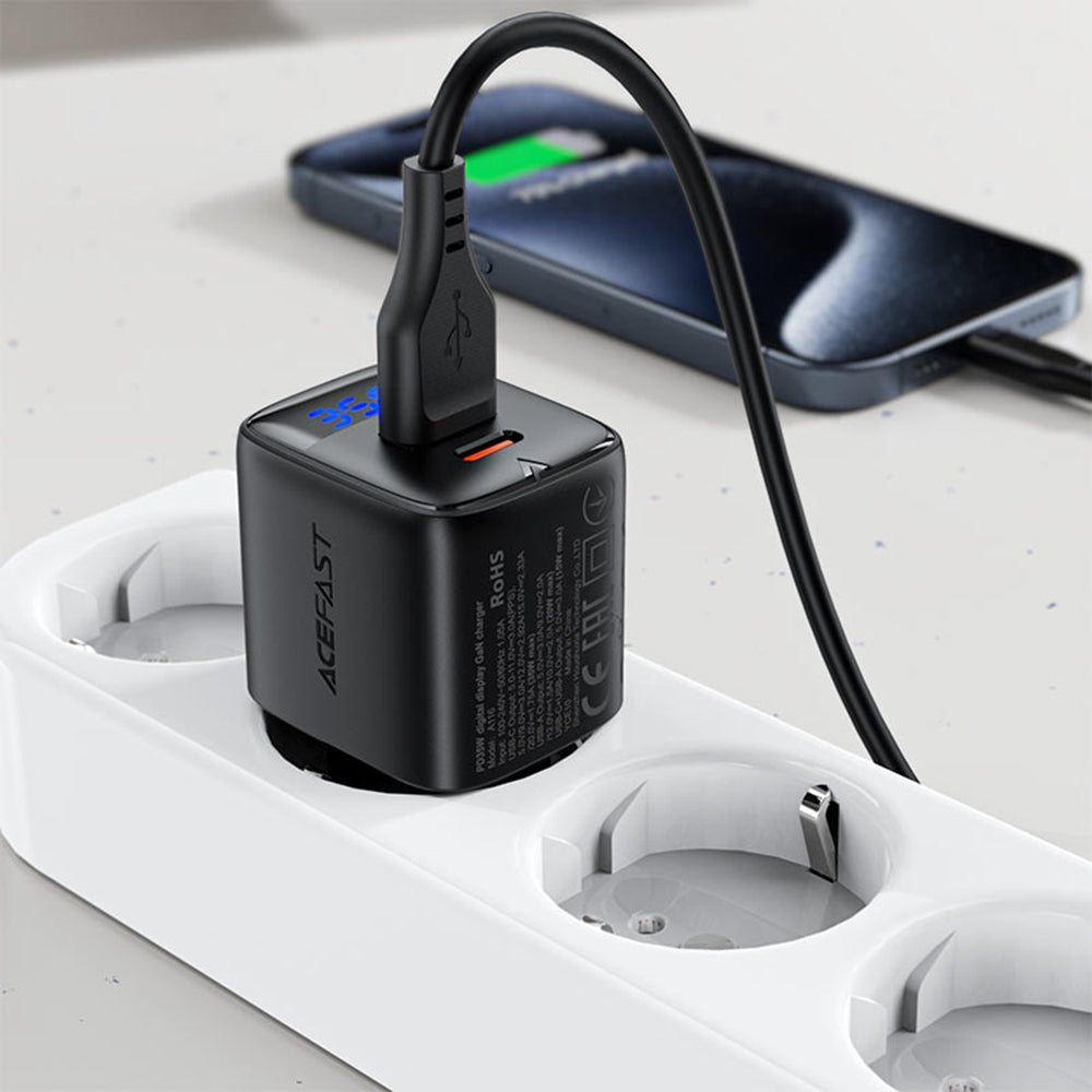 Acefast A116 Display Network Charger, 35W, 3A, 1 x USB-A - 1 x USB-C, Black