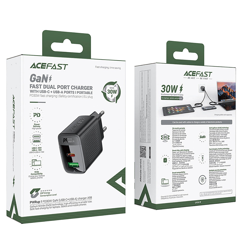Acefast A98 Network Charger, 30W, 3A, 1 x USB-A - 1 x USB-C, Black