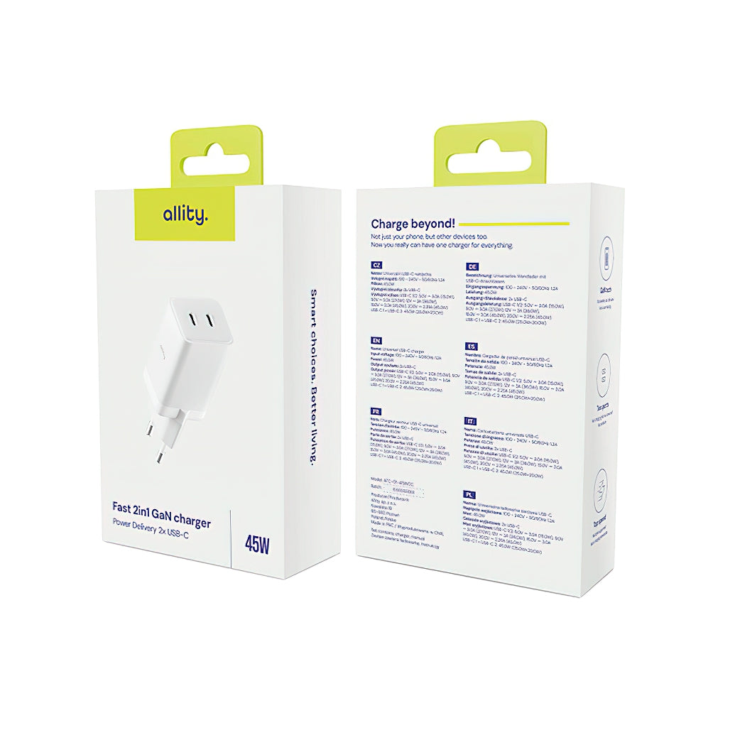 Allity Network Charger. ATC-01-45WCC Fast, 45W, 3A, 2 x USB-C, White
