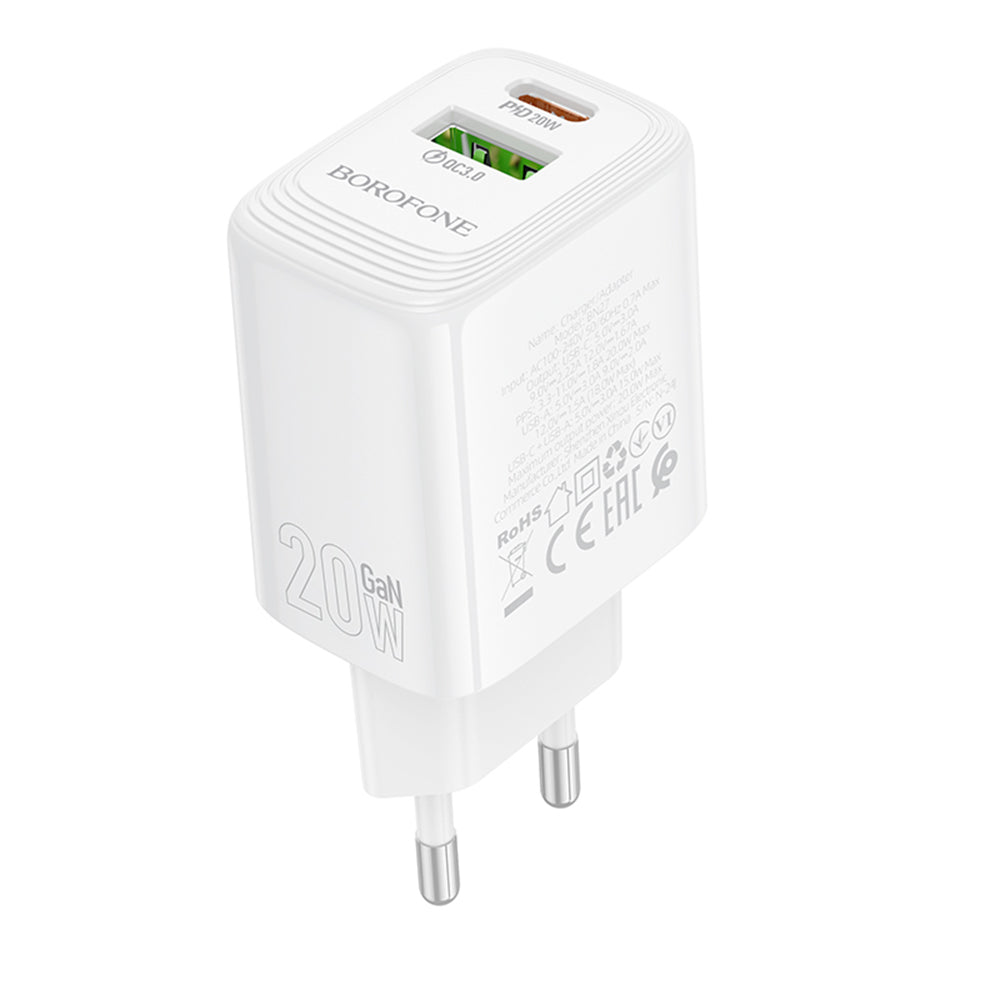 Borofone BN27 Fuente Network Charger, 20W, 3A, 1 x USB-A - 1 x USB-C, White