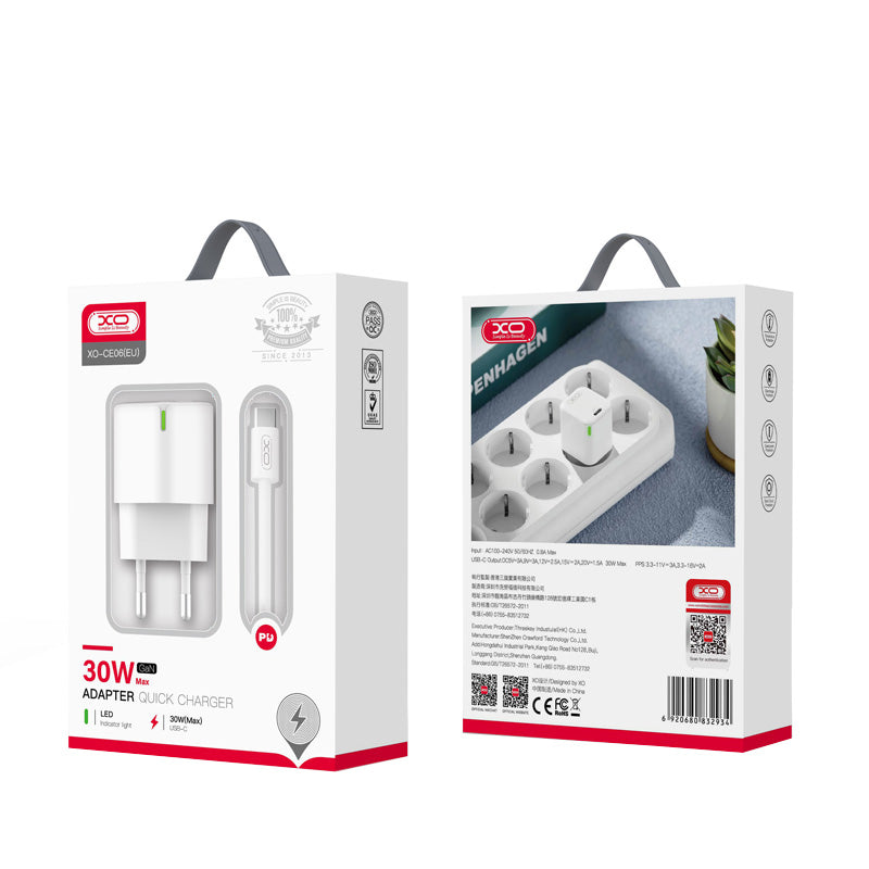 Network Charger with USB-C Cable XO Design CE06, 30W, 3A, 1 x USB-C, White