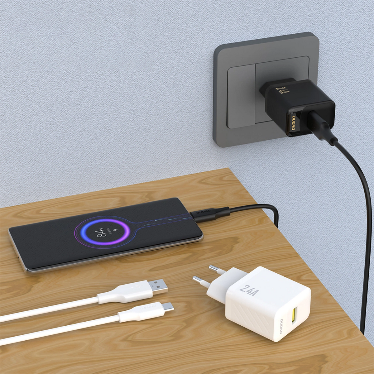 Dudao A23TEU USB-C Cable Wall Charger, 12W, 2.4A, 1 x USB-A, Black