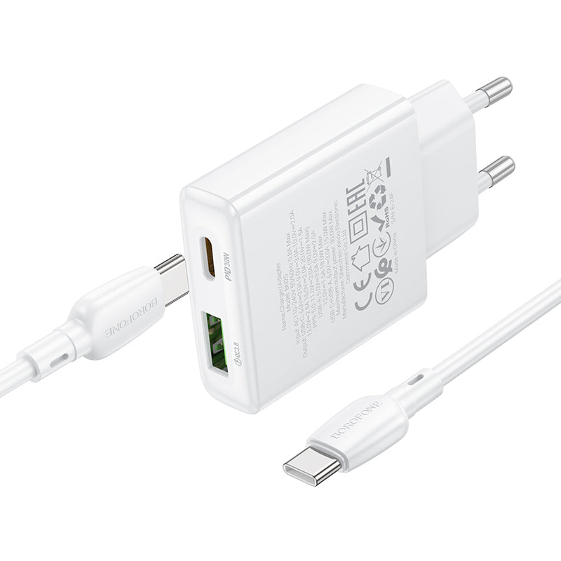 Network Charger with USB-C Cable Borofone BN25 Wish, 30W, 3A, 1 x USB-A - 1 x USB-C, White