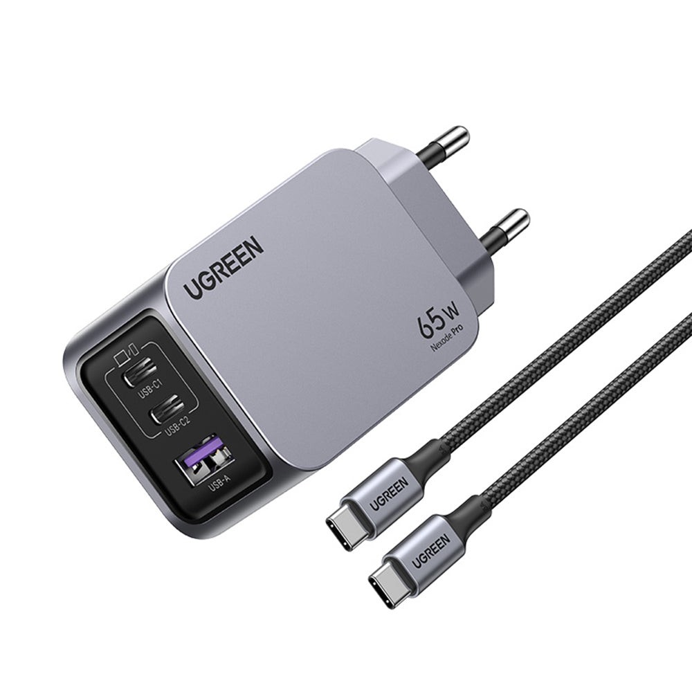 UGREEN X755 Nexode Pro Network Charger with USB-C Cable, 65W, 3A, 1 x USB-A - 2 x USB-C, Gray