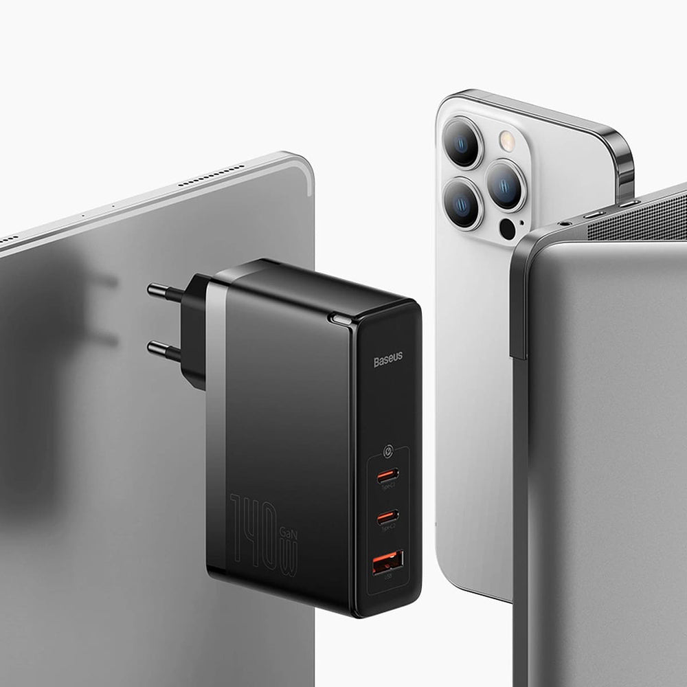 Baseus GaN5 Pro Network Charger with USB-C Cable, 140W, 5A, 1 x USB-A - 2 x USB-C, White CCGP100202