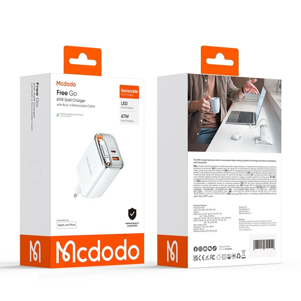 McDodo CH-4103 FreeGo Display Network Charger with USB-C Cable, 67W, 3.35A, 1 x USB-A - 1 x USB-C, White