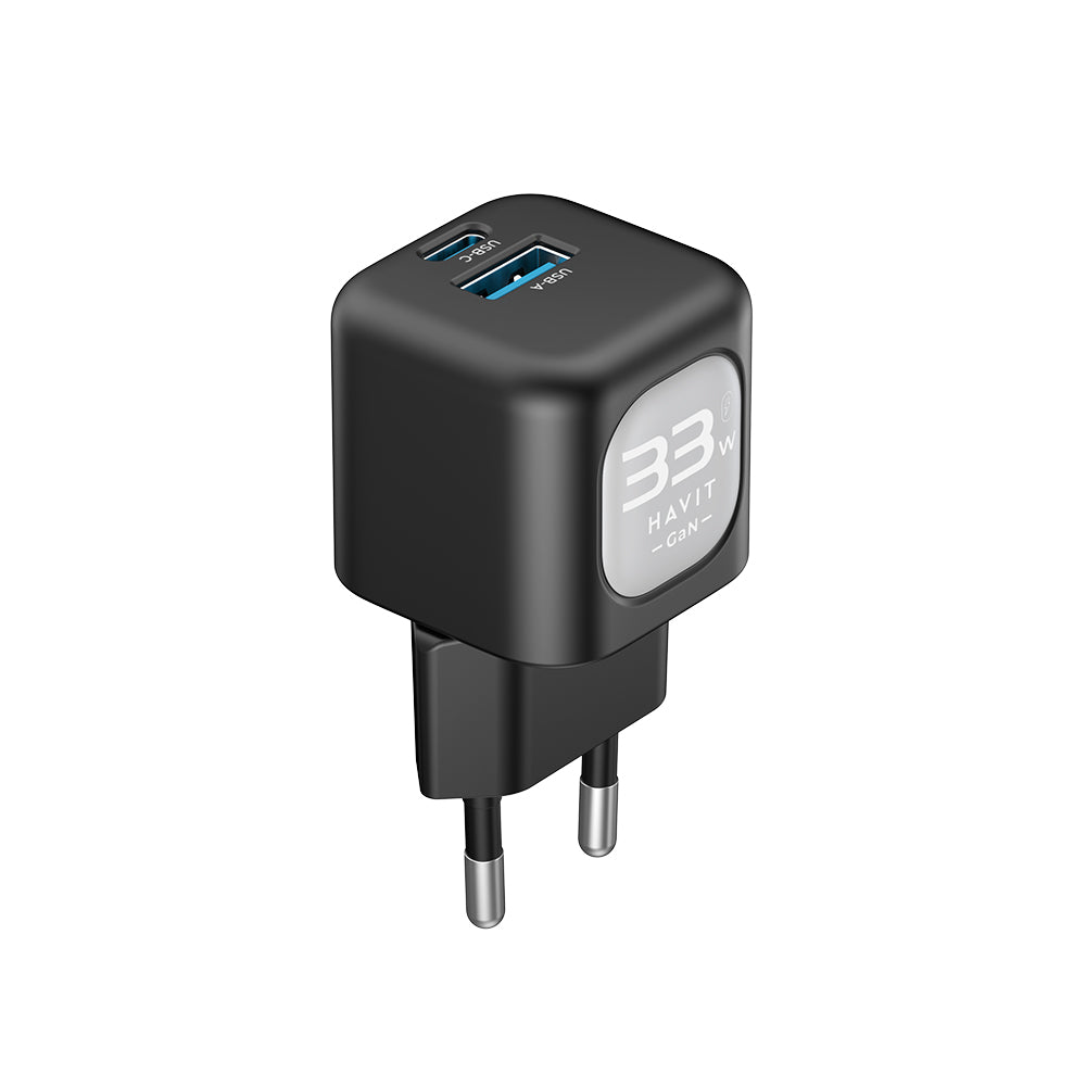 HAVIT UC230 Network Charger, 33W, 3A, 1 x USB-A - 1 x USB-C, Black Grey