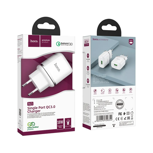 HOCO N3 Network Charger, 18W, 3A, 1 x USB-A, White