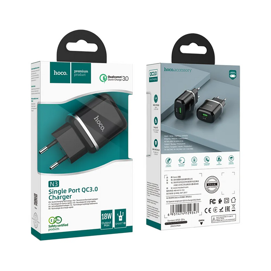 HOCO N3 Network Charger, 18W, 3A, 1 x USB-A, Black