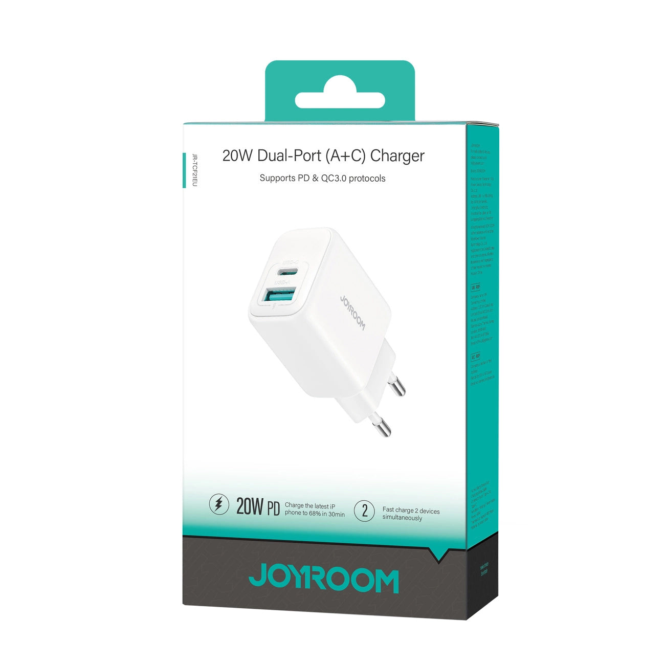 Joyroom JR-TCF21 Network Charger, 20W, 3A, 1 x USB-A - 1 x USB-C, White