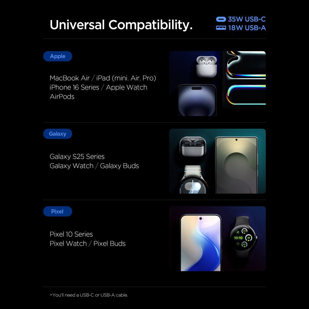 Spigen Essential Network Charger, 35W, 3A, 1 x USB-A - 1 x USB-C, White ACH09462