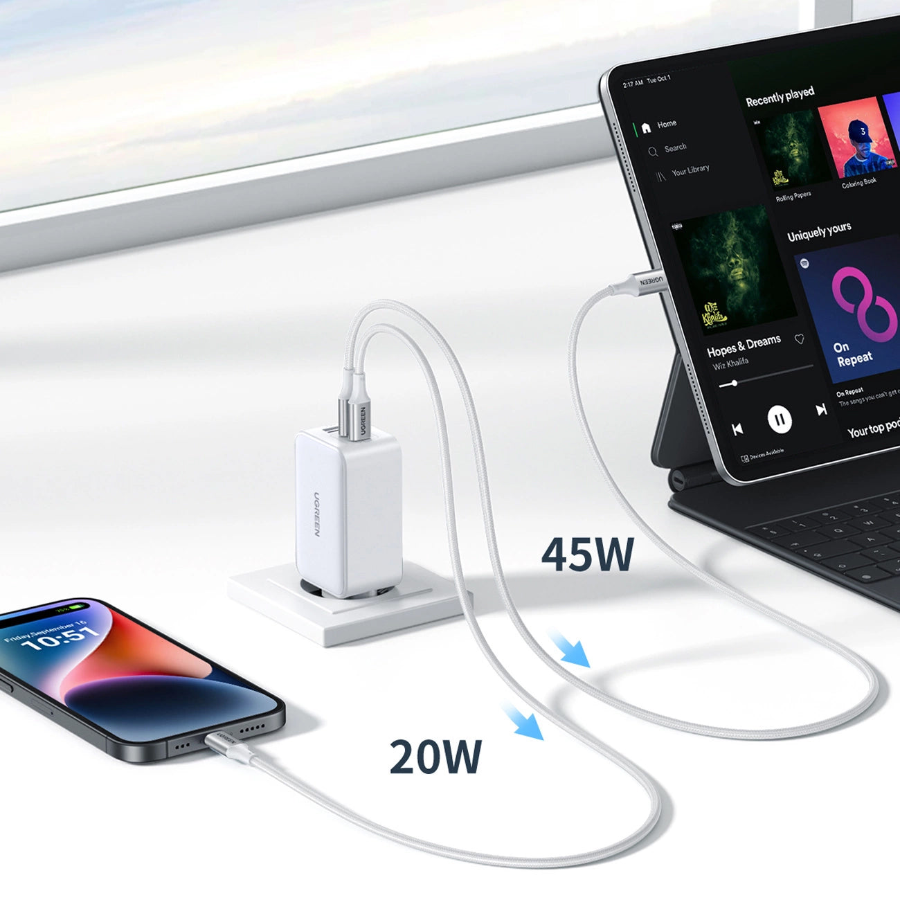 Network Charger UGREEN CD244, 65W, 3A, 1 x USB-A - 2 x USB-C, White