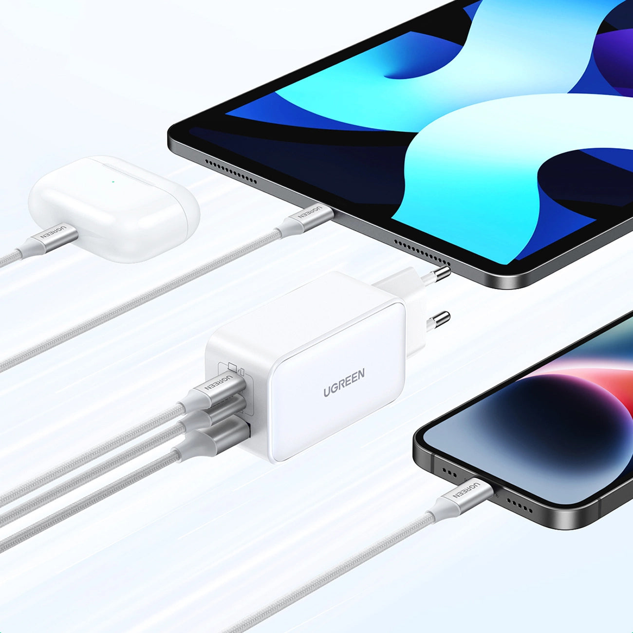 Network Charger UGREEN CD244, 65W, 3A, 1 x USB-A - 2 x USB-C, White