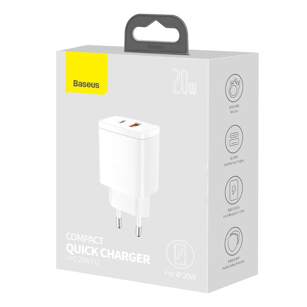 Network Charger Baseus Compact, 20W, 3A, 1 x USB-A - 1 x USB-C, White CCXJ-B02