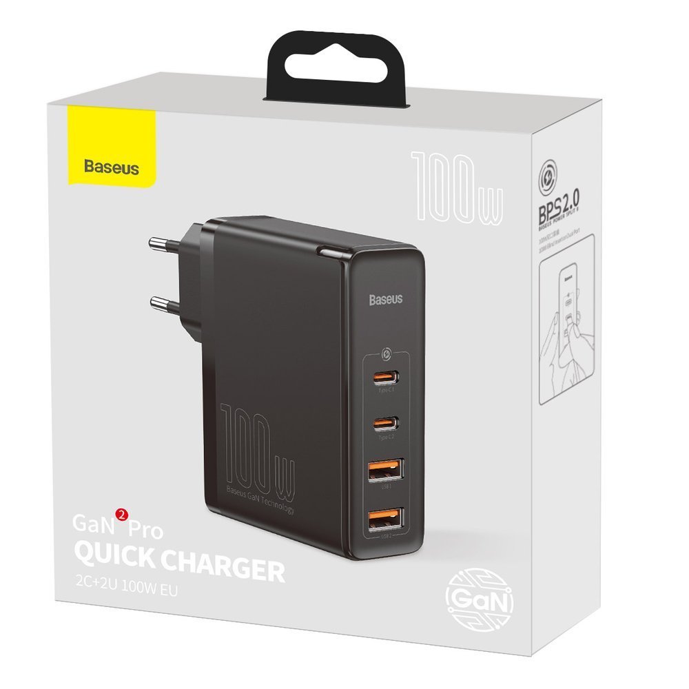Network Charger Baseus GaN2 Pro, 100W, 5A, 2 x USB-A - 2 x USB-C, Black CCGAN2P-L01