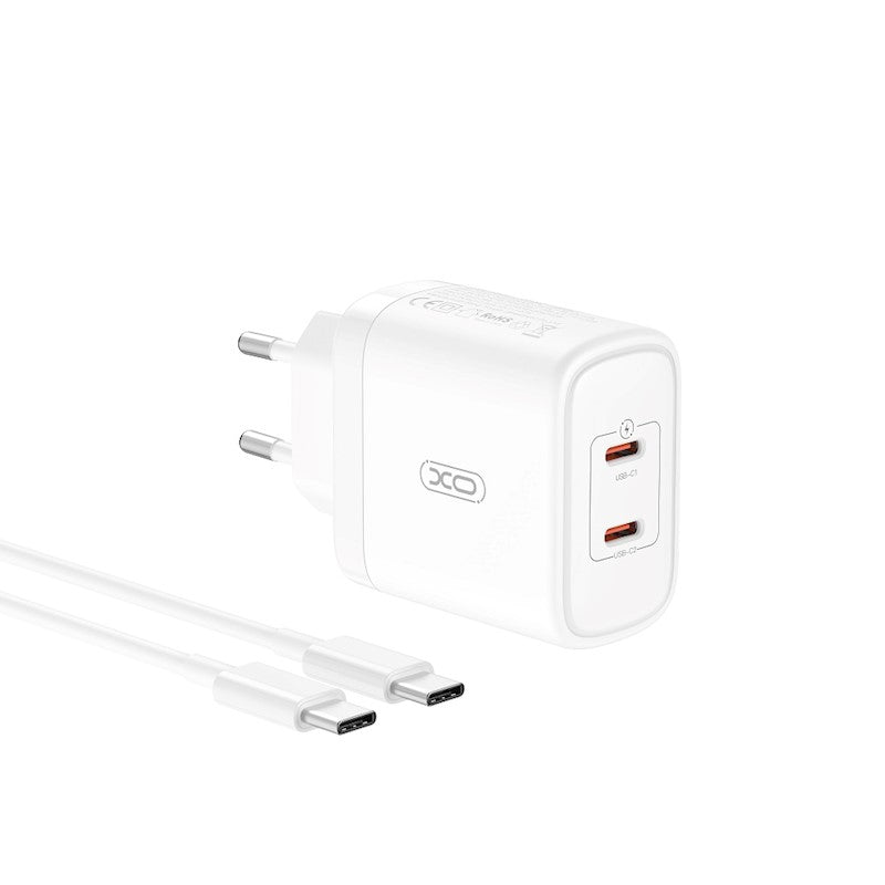Network Charger with USB-C Cable XO Design CE08, 50W, 3A, 2 x USB-C, White