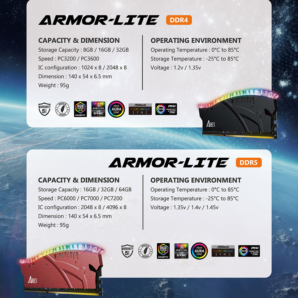 Dato Ares Armor Lite RAM Memory, DDR5, RGB, 16GB, 6000Mhz, Grey ARB16G5G60