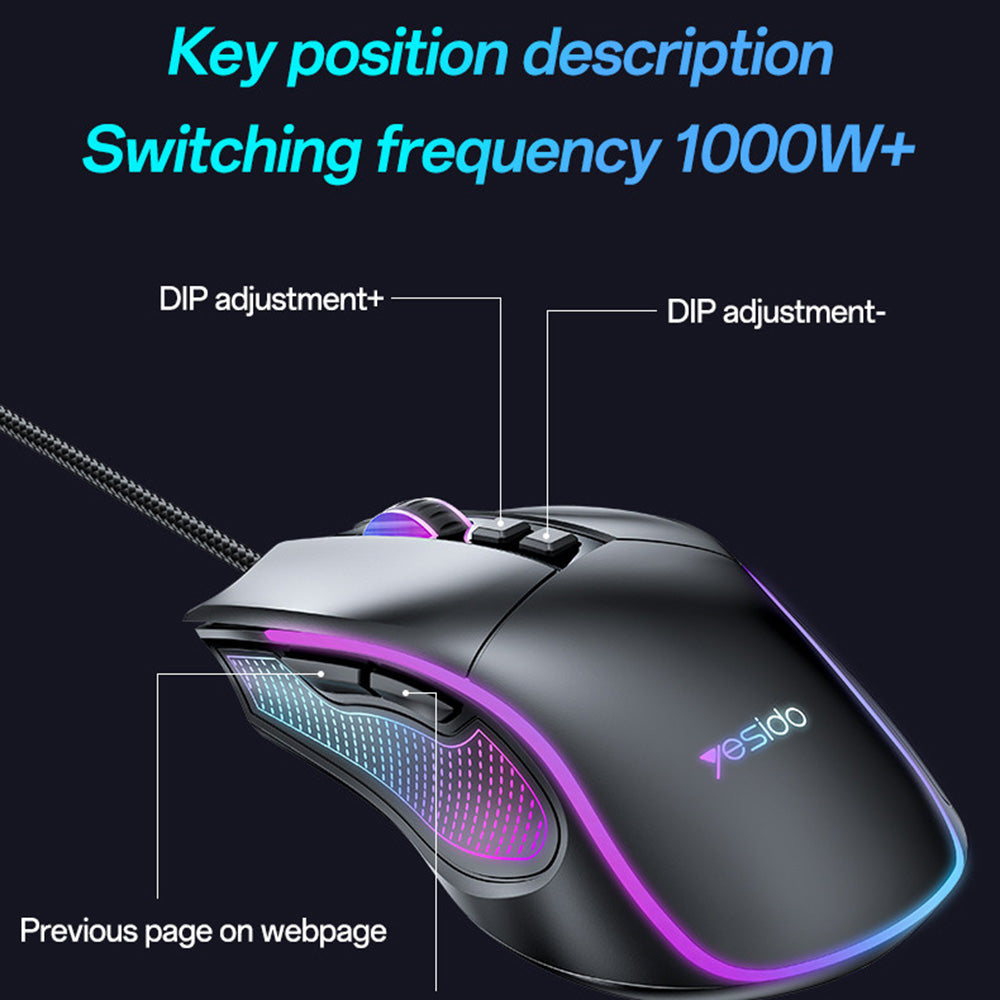 Wired USB Gaming Mouse Yesido KB20, RGB, 1000DPI - 7200DPI, Black