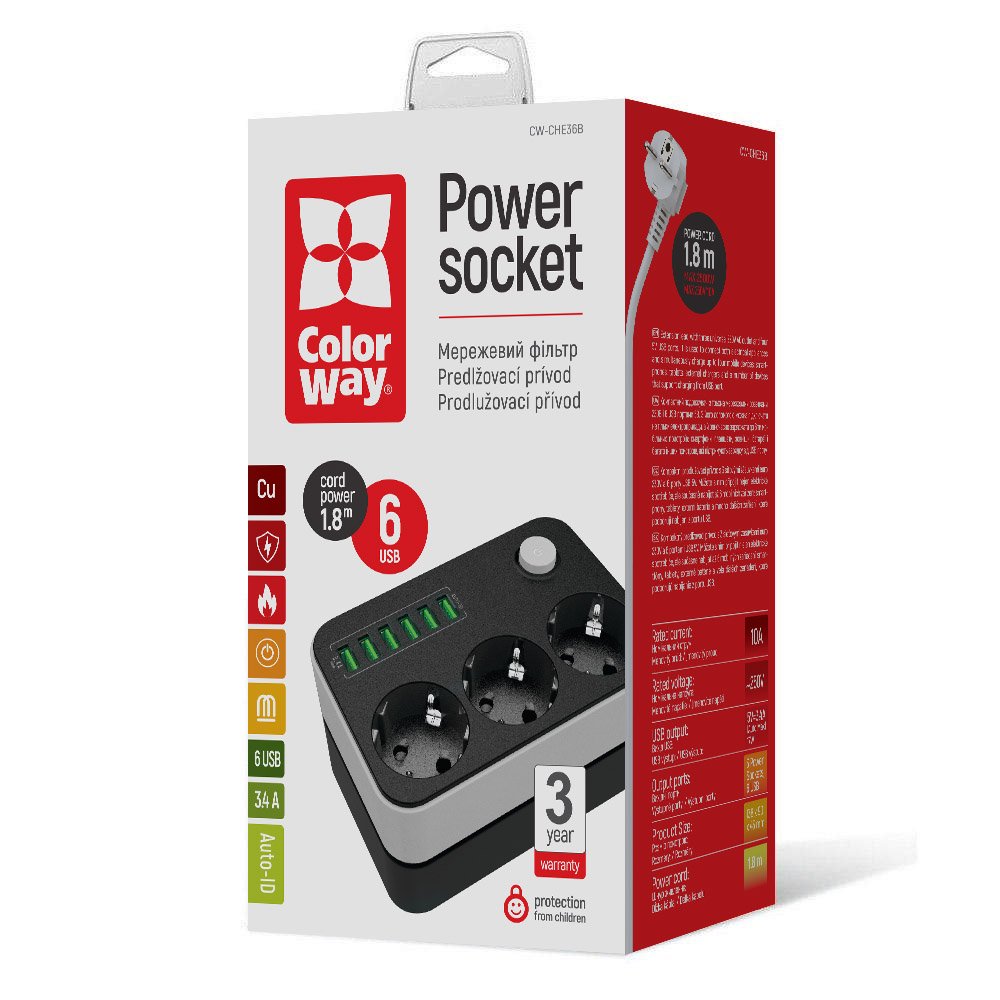 ColorWay Extension Cord, 3 x Schuko, Black