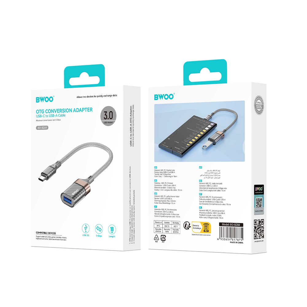 OTG USB-C to USB-A Adapter BWOO BZ69, Gray