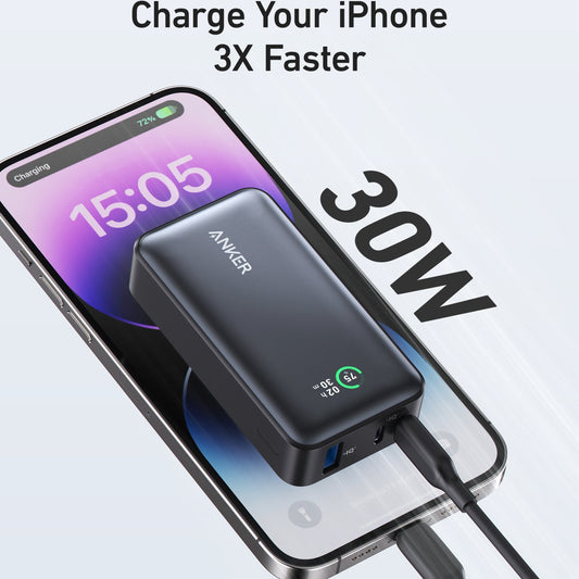 Anker 533 External Battery, 10000mAh, 30W, QC + PD, 1 x USB-A - 2 x USB-C, Black A1256G11