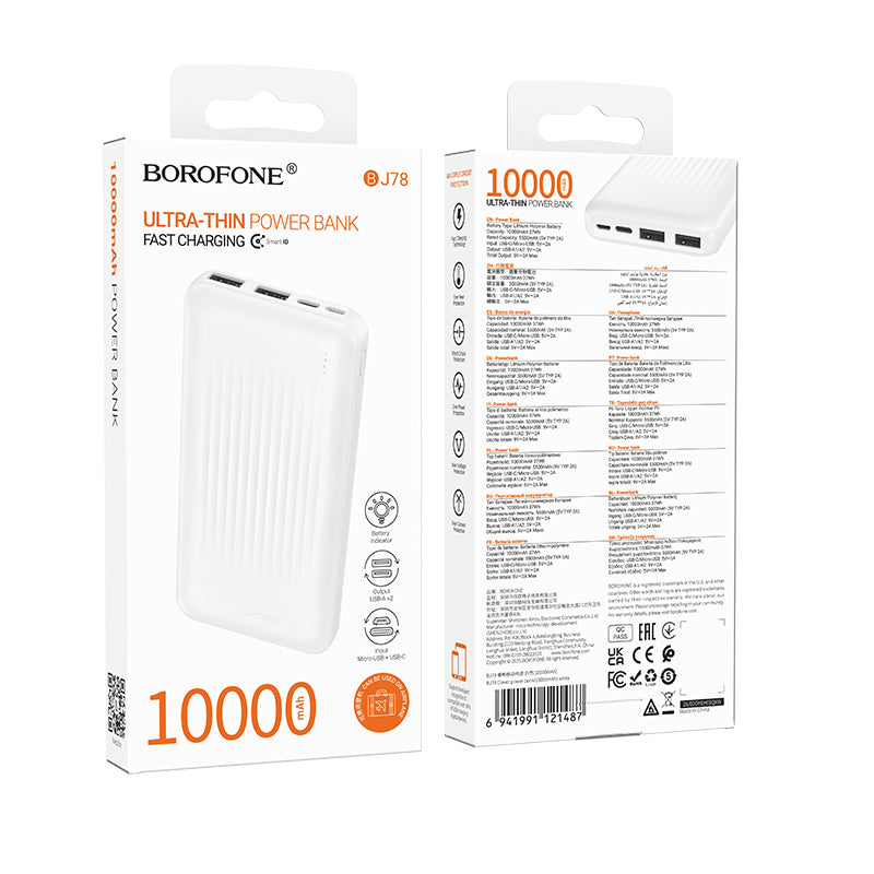 Borofone BJ78 Clever External Battery, 10000mAh, 10W, 2 x USB-A, White