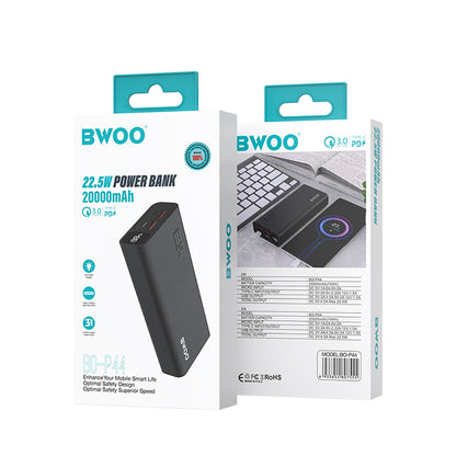 BWOO BO-P44 External Battery, 20000mAh, 22.5W, QC + PD, 1 x USB-C - 2 x USB-A, Black