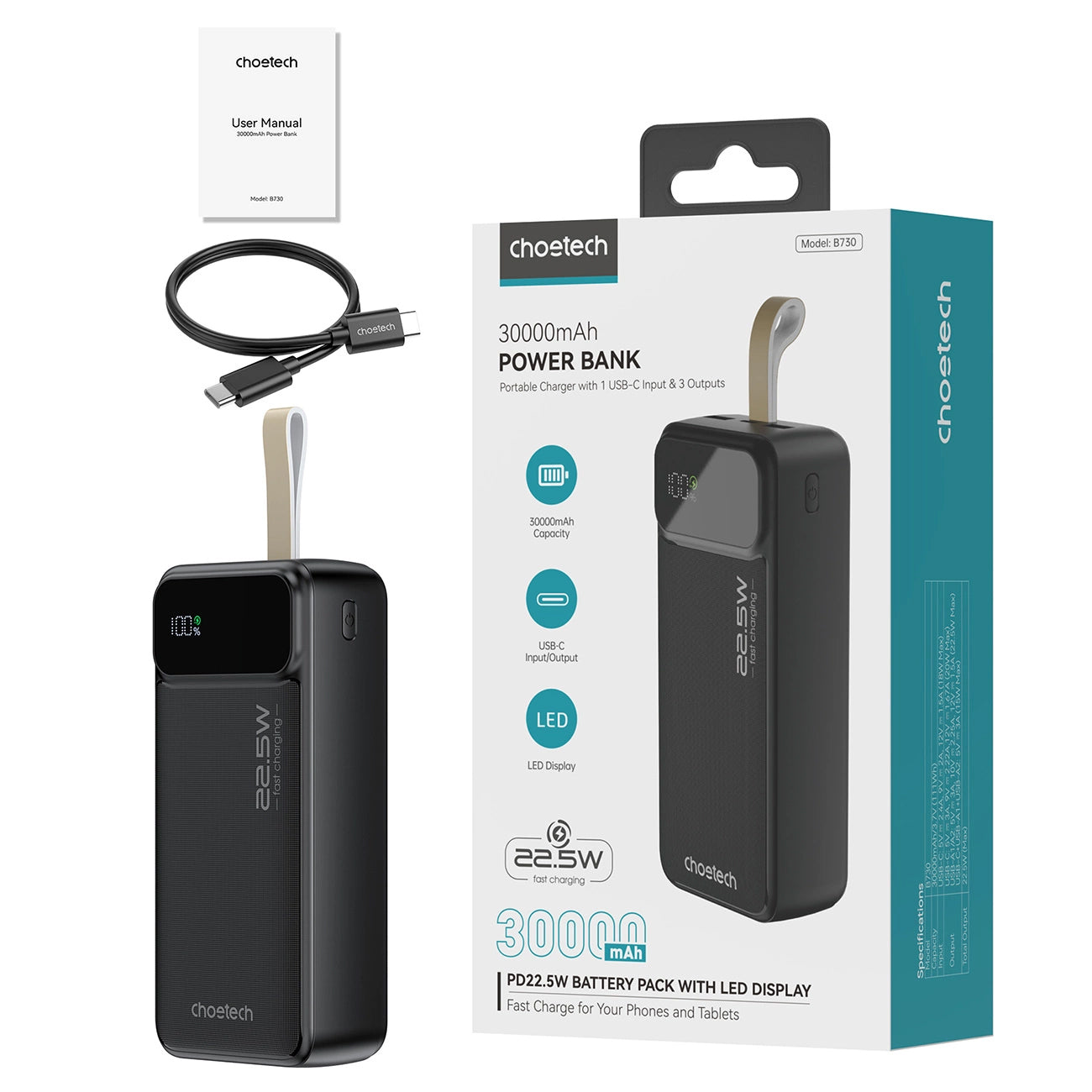 Choetech B730 External Battery, 30000mAh, 22.5W, QC + PD, 1 x USB-C - 2 x USB-A, Black