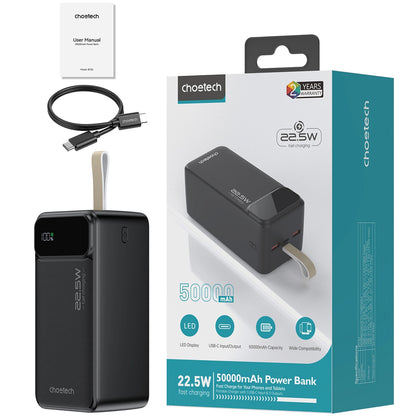 Choetech B732 External Battery, 50000mAh, 22.5W, QC + PD, 1 x USB-C - 2 x USB-A, Black